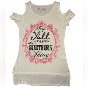 Red Camel Cold shoulder t-shirt with "Hey Y'all it's a SOUTHERN Thing” graphic